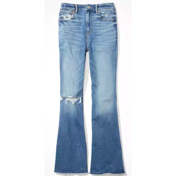 American Eagle Super Hi-Rise Flare Jeans 18 Stretch Blue Denim Distressed NEW - Picture 3 of 11